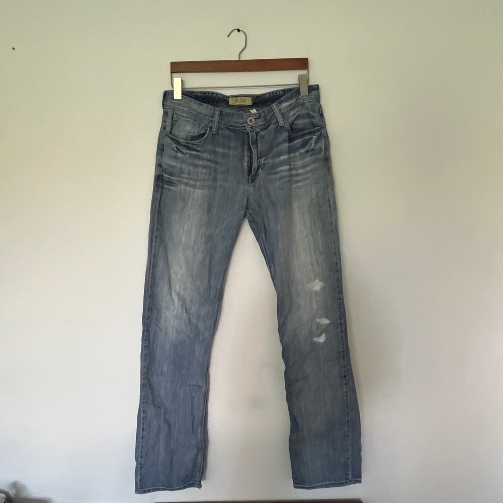 Guess Los Angeles Lincoln Slim Straight 34x34 Mens Jeans Blue Distressed